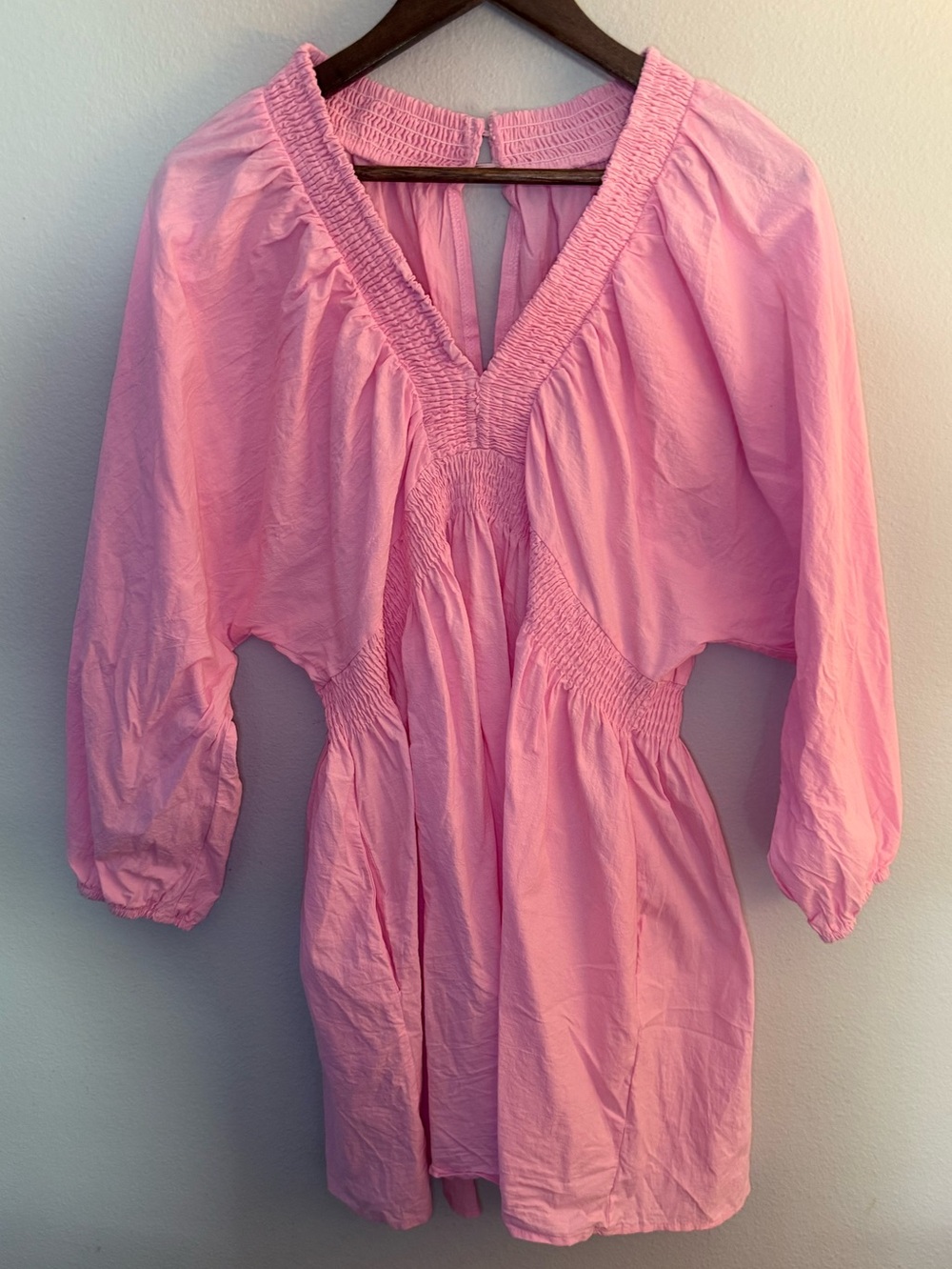 Pink Smocked V-Neck Mini Dress
